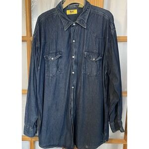 Vtg 80s Work N Sport Shirt Mens 2XLT Pearl Snap Blue Chambray Western Cowboy